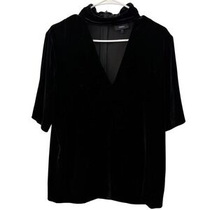 Theory Velvet Mock Neck V Neck Slit Collar Blouse Top Black Size S